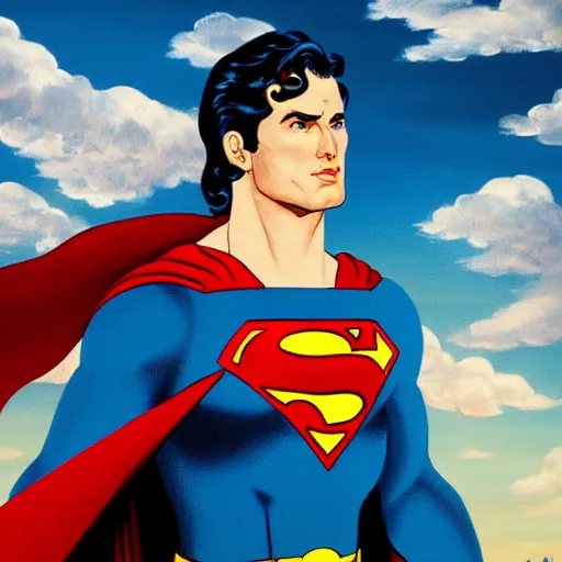 Prompt: masterpiece painting of Superman, gorgeous, D&D, award winning, high detail, sharp focus, smooth, vibrant colours, clouds, bright sky, close up, dramatic, surreal