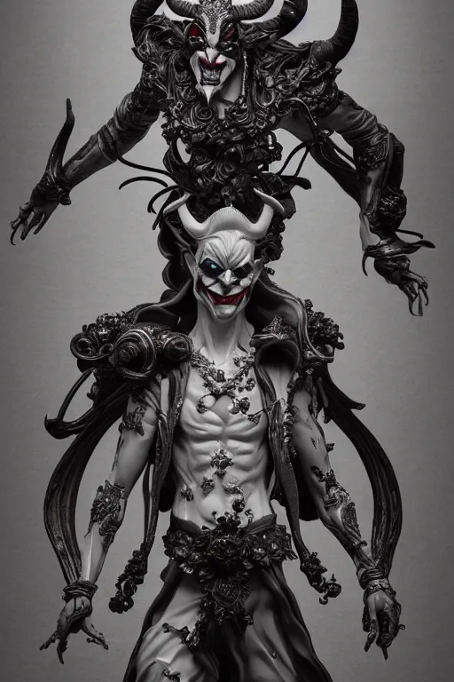 Image similar to digital masterpiece illustration concept art of porcelain statue of joker as baphomet, extremely detailed and intricate complexity, epic composition, magical atmosphere, cinematic lighting, wide long shot, trending on artstation, 8 k