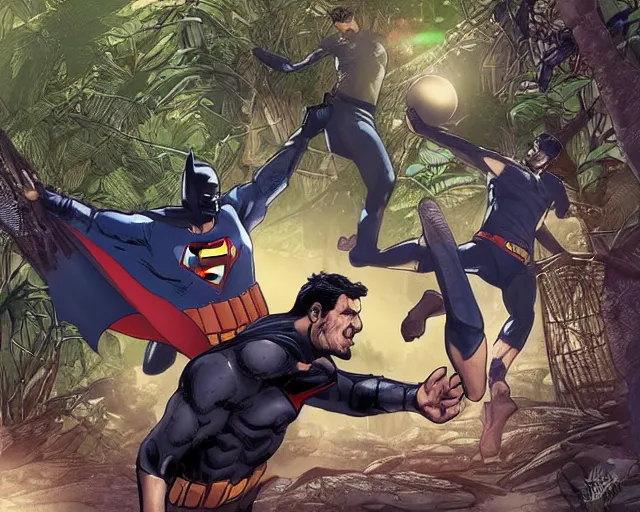 Image similar to batman and superman are playing volleyball in a jungle, volleyball in the air, volleyball net, digital illustration, inspired by greg rutkowski and artgerm, high detail