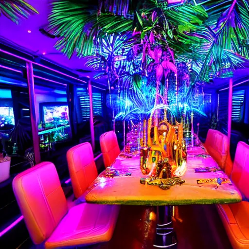 Image similar to vice media photo, inside a crowded luxury stylish high-end gorgeous intricate highly-themed synthwave tiki party onboard a yacht with low ceilings, tropical plants, neon lights, blue color scheme with pink and orange accents, crowd of people dancing, ultra-detailed, 8k, photorealistic