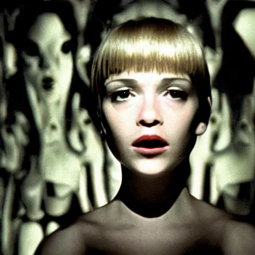 Image similar to movie still of the alien girl, cinematic composition, cinematic light, by david lynch and dario argento