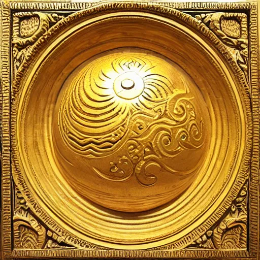 Prompt: ornate engraved carving of a moon on a gold panel