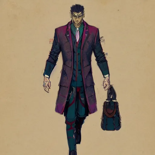 Image similar to vivid colors, character sheet, fine details, front view, greg rutkowski, kim jung gi, human, suit vest, longcoat