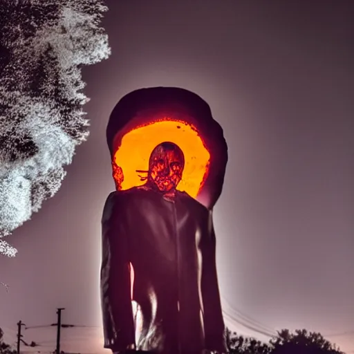 Image similar to burning head cop, centered, at night, mid shot, editorial photography