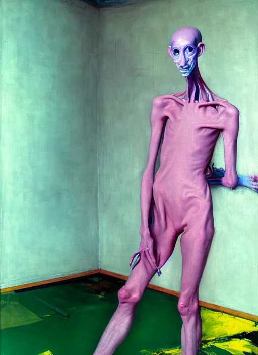 Image similar to a skinny, starving artist wearing overalls, painting the walls inside a grand messy studio, hauntingly surreal, highly detailed painting by francis bacon, edward hopper, adrian ghenie, gerhard richter, and james jean, soft light 4 k in pink, green and blue colour palette