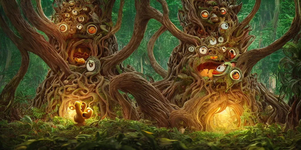 Image similar to of an intricate forest with strange cute friendly happy creatures with huge eyes, mouth, long tongue, round teeth and goofy face, appearing from the background, in the style of gehry and gaudi, macro lens, shallow depth of field, ultra detailed, digital painting, trending artstation, concept art, illustration, cinematic lighting, photorealism, epic, octane render