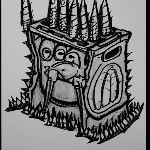 Image similar to very simple line drawing of a furnace with spiky toothed demons around it, pen on paper simple drawing by a 7 year old, no shading