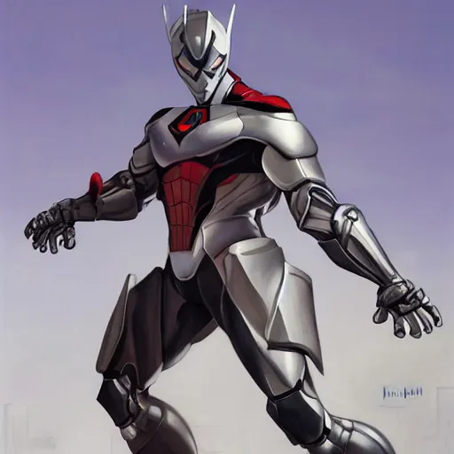 Image similar to greg manchess portrait painting of armored spiderman ultraman grey fox from metal gear cyborg gay japanese - american hybrid as overwatch character, medium shot, asymmetrical, profile picture, organic painting, sunny day, matte painting, bold shapes, hard edges, street art, trending on artstation, by huang guangjian and ail elvgren and sachin teng