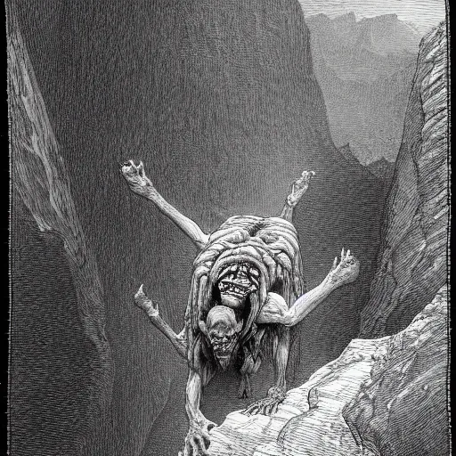 Prompt: a demon crawling up from a canyon, highly detailed, in the style of Gustave Dore