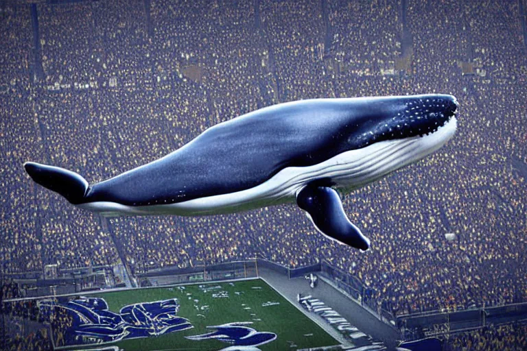 Prompt: whale flying above an NFL football game photograph realistic stadium lighting