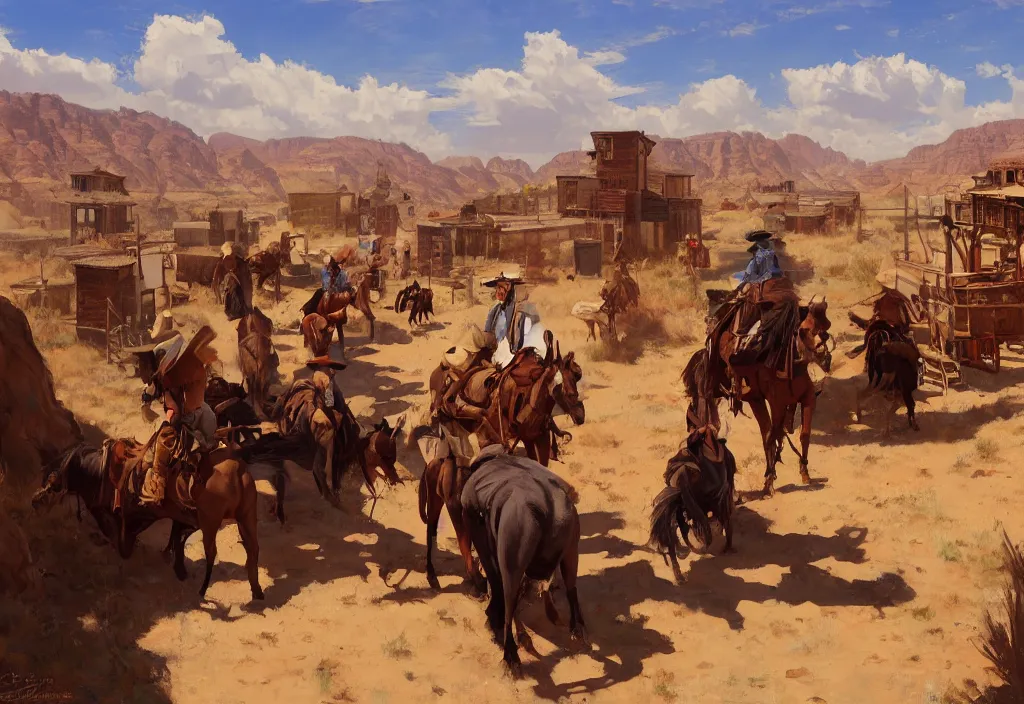 Prompt: greg manchess painting of a wild west abandoned town landscape with no person nor horse in the painting only buildings in the year 1 8 5 0, nobody living there, painting, trending on artstation, by huang guangjian and gil elvgren and sachin teng