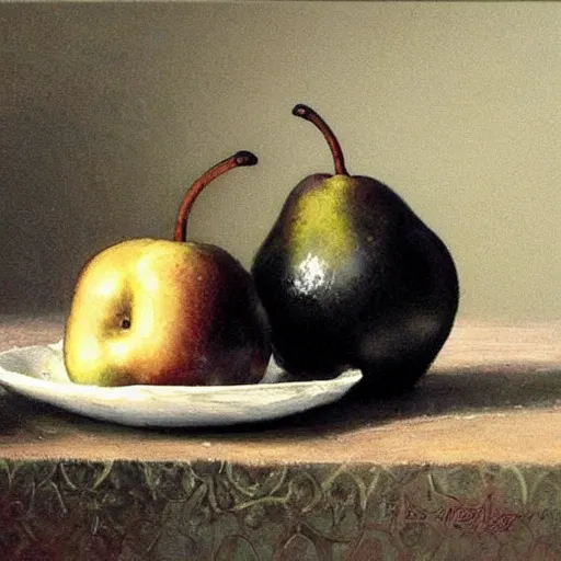 Prompt: table with very very black colored pears, #black pear fruit, ?black pears, !black pears, •black pears painted by rossdraws, greg rutkowski, thomas kindkade