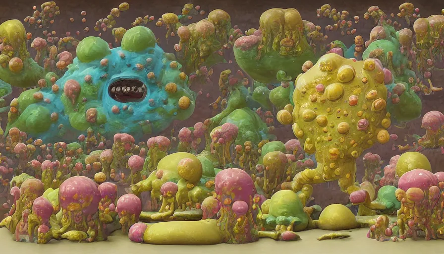 Prompt: the absolute worst, most grotesque and awful slime mold monster made of gelatinous fleshy blobs, in the style of okuda san miguel and katamari damacy. the monster is in an ornately gilded rococo art museum gallery designed by frank lloyd wright and donatello