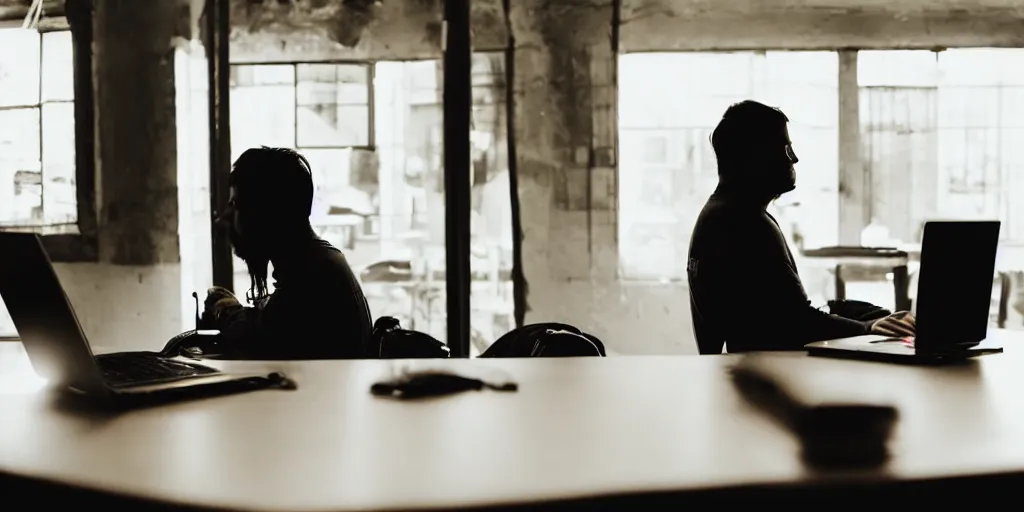 Prompt: silhouette angry fat pimply videographer with long dirty hair type angry comment on laptop sitting near table, mid range view from side