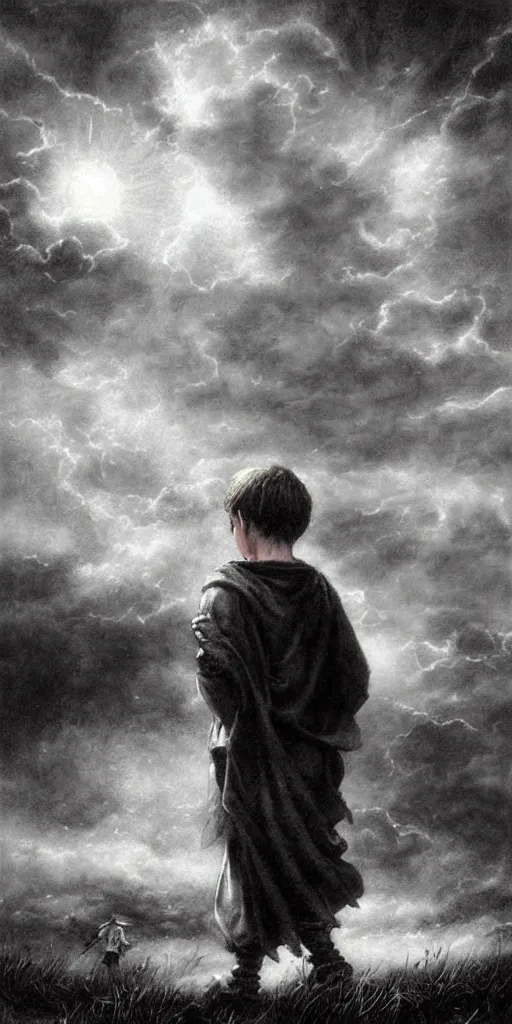 Image similar to a medieval peasant kid walking alone in the night dramatic airbrushed clouds over black background by Luis royo and Caravaggio airbrush fantasy 80s, realistic masterpiece