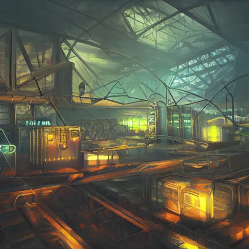 Prompt: cyberpolygon, steampunk realistic oil painting, cinematic light, computers, neon, hexagons