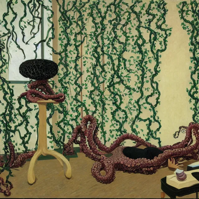 Image similar to a pathology student in her apartment, wrapped in vines, large stones, octopus, black walls, ikebana, black armchair, puddles, moss, acrylic on canvas, surrealist, by magritte and monet