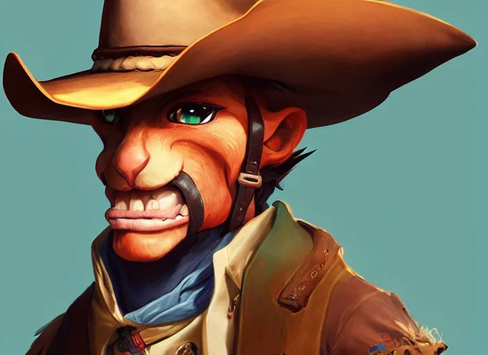 Image similar to character portrait feature of the anthro male anthropomorphic flounder fursona wearing cowboy outfit wild west desperado character design stylized by charlie bowater, ross tran, artgerm, and makoto shinkai, detailed, soft lighting, rendered in octane