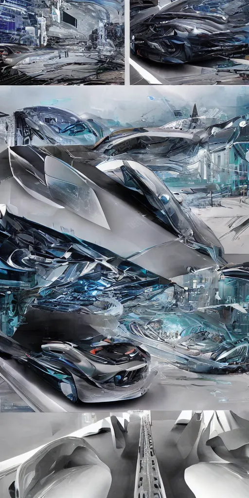 Image similar to sci-fi car zaha hadid wall structure logotype and car on the coronation of napoleon and digital billboard in the middle artwork in style of Ruan Jia Sheng Lam