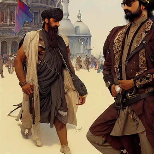 Image similar to portrait of taliban and leather men at gay pride in brighton, real life skin, intricate, elegant, highly detailed, artstation, concept art, smooth, sharp focus, art by artgerm and greg rutkowski and alphonse mucha