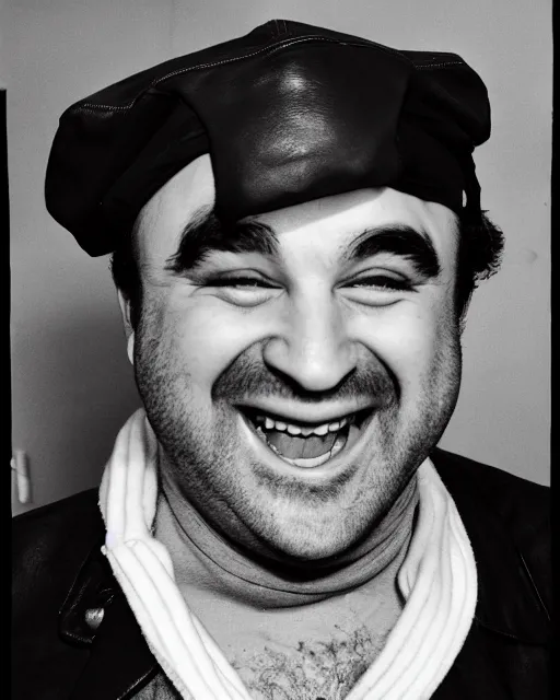 Image similar to headshot of a crazed smiling, mouth ode open, john belushi, he is wearing a leather bomber cap on his head, he is also wearing an a 2 flight jacket, a long white wool scarf is wrapped around his neck, he has a 5 o'clock shadow