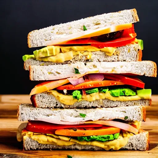 Image similar to sandwich breath that inside has tofu, tomato, onion, avocado and cheddar, over a dish and over a table, sunset background with saturn in the sky, studio photo, amazing light