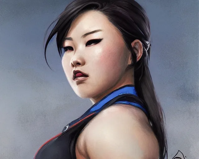 Image similar to portrait of mei from overwatch as a beautiful female bodybuilder amazon with plump lips, elegant, fantasy, hd shot, digital portrait, beautiful, artstation, comic style, by artgerm, guy denning, jakub rozalski, magali villeneuve and charlie bowater