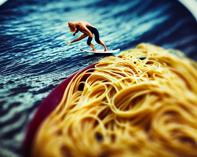 Image similar to close up of a beautiful ginger surfer, surfing on a surfboard in a sea of pasta, art nouveau, fantasy, intricate pasta waves, elegant, highly detailed, sharp focus, action sports photography