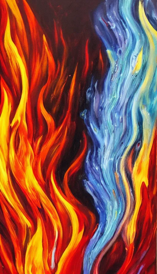 Image similar to oil painting of fire and water mixing together