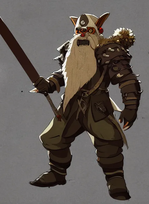 Prompt: strong young man, photorealistic bugbear ranger, black beard, dungeons and dragons, pathfinder, roleplaying game art, hunters gear, flaming sword, jeweled ornate leather and steel armour, concept art, character design on white background, by studio ghibli, makoto shinkai, kim jung giu, poster art, game art