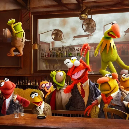 Prompt: the muppets getting in a bar fight, ultra realistic, concept art, intricate details, highly detailed, photorealistic, octane render, 8 k, unreal engine. art by boris vallejo