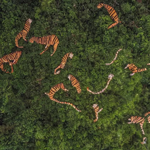 Image similar to drone photograph of tigers fleeing deforestation in the jungle