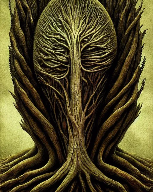 Prompt: a surreal painting of a bizarre otherworldly tree creature with many eyes, by anton semenov