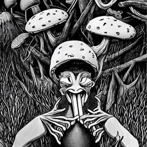 Prompt: a centered chest up portrait of a psychedelic demonic anthropomorphic frog smoking a hand - rolled cigarette smoking heavily, magic mushroom village in background. award winning. superb resolution. in the art style of junji ito and greg rutkowski. detailed mushroom city in background. hyper realistic anime. perfect art. dalle 2