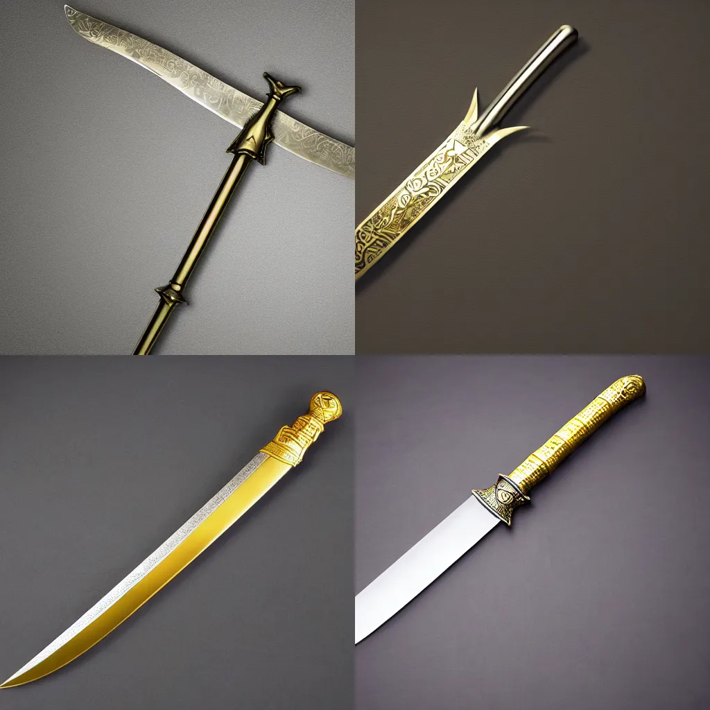 Prompt: etched stainless steel decorative sword with gold hilt, dynamic lighting, photography