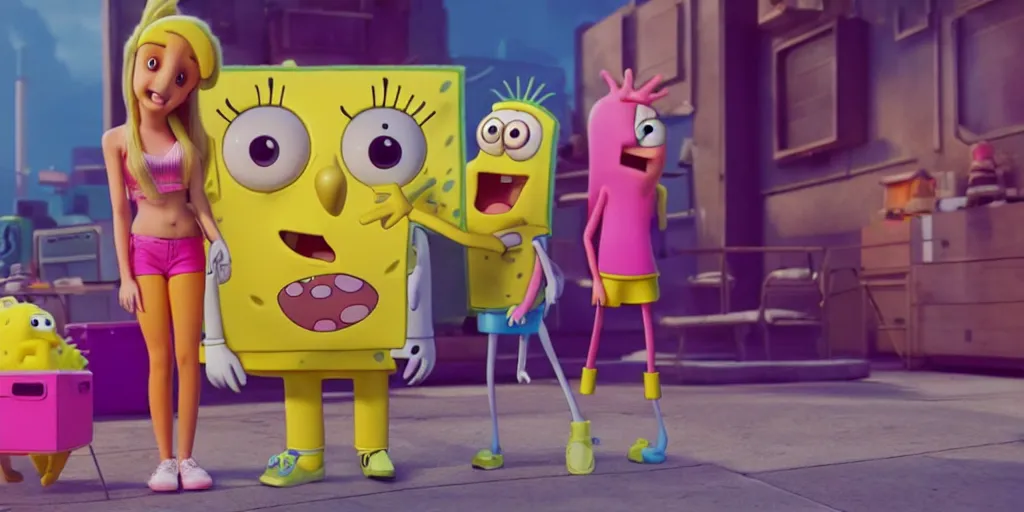 Image similar to “animated Ariana grande and SpongeBob hanging out. 4. Octane render, 4k, 8k, unreal 5, very detailed, hyper realism, trending on artstation.”