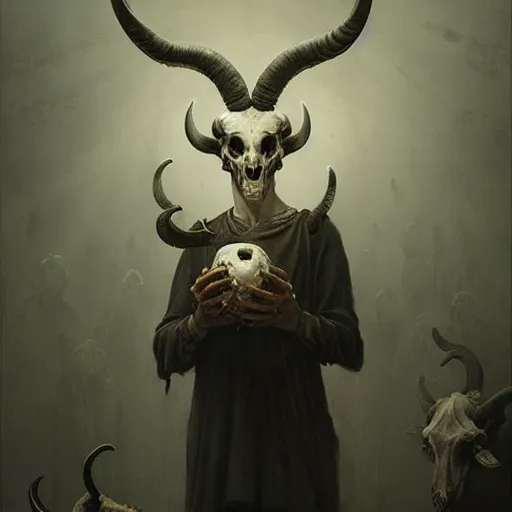 Image similar to baphomet with goat horns holding an animal skull, style of da vinci, horror, fantasy illustration, by greg rutkowski