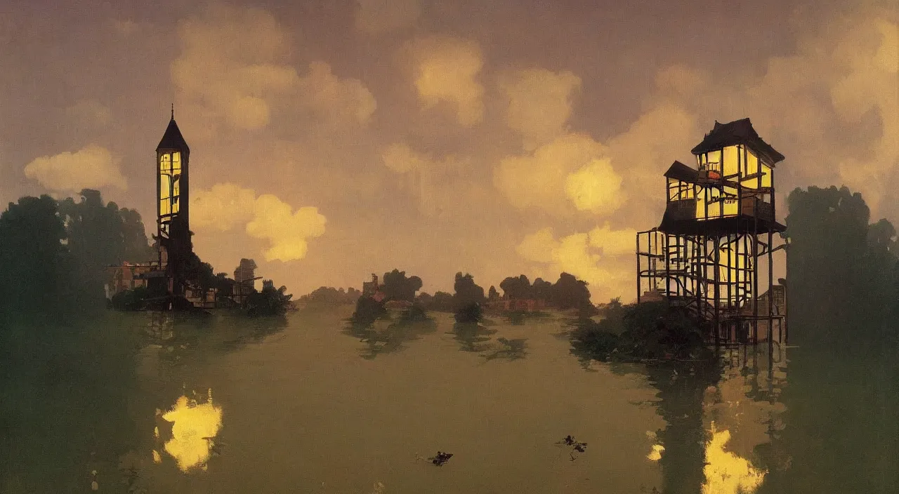 Image similar to single flooded simple victorian wooden tower, very coherent and colorful high contrast!! masterpiece by rene magritte simon stalenhag carl spitzweg syd mead norman rockwell edward hopper james gilleard, minimalist, dark shadows, sunny day, hard lighting