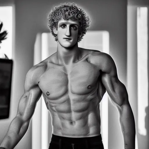 Prompt: a realistic detailed photo of a guy who is an attractive humanoid who is half robot and half humanoid, who is a male android, boxer logan paul, shiny skin, posing like a statue, blank stare, in a living room, on display, showing off his muscles