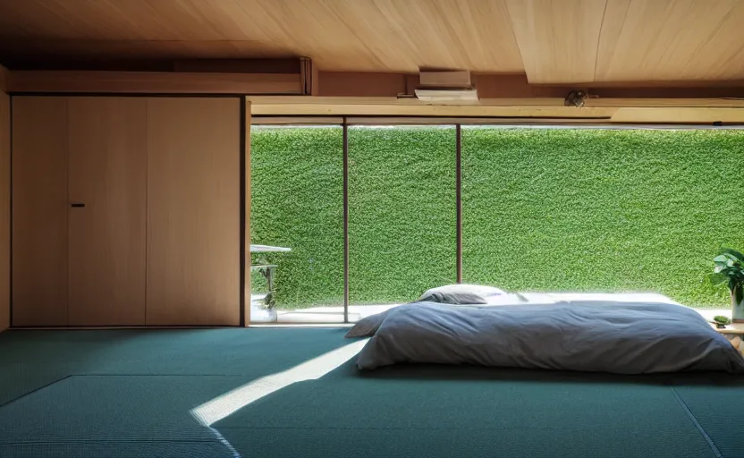 Prompt: a japanese bedroom interior, minimalist, bed, cupboards, wood, concrete, green walls, bright, windows, plants, carpet, moody light, view of a inner courtyard, retro futuristic, earth colors