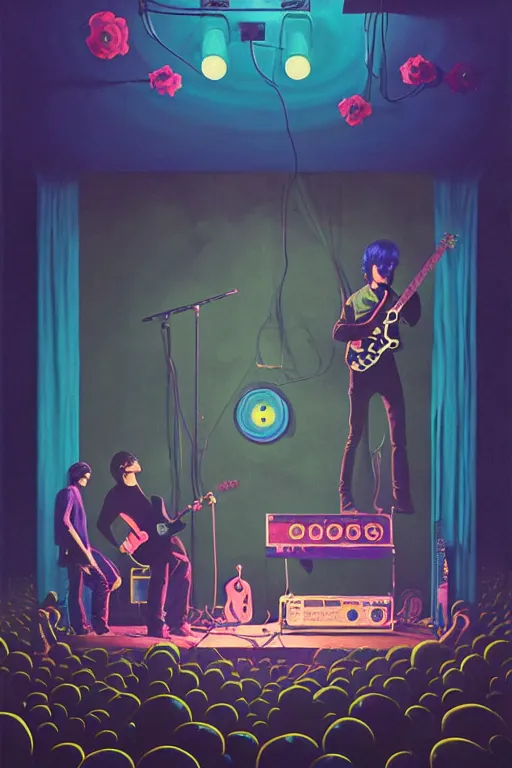 Prompt: the velvet underground and nico playing live on stage at a night club, beautiful stage decoration with flowers in the background, painting by simon stalenhag and wes anderson, very detailed and colorful and toned down and ornamental and moody and cool and relaxed and high on drugs, trending on artstation, behance contest winner