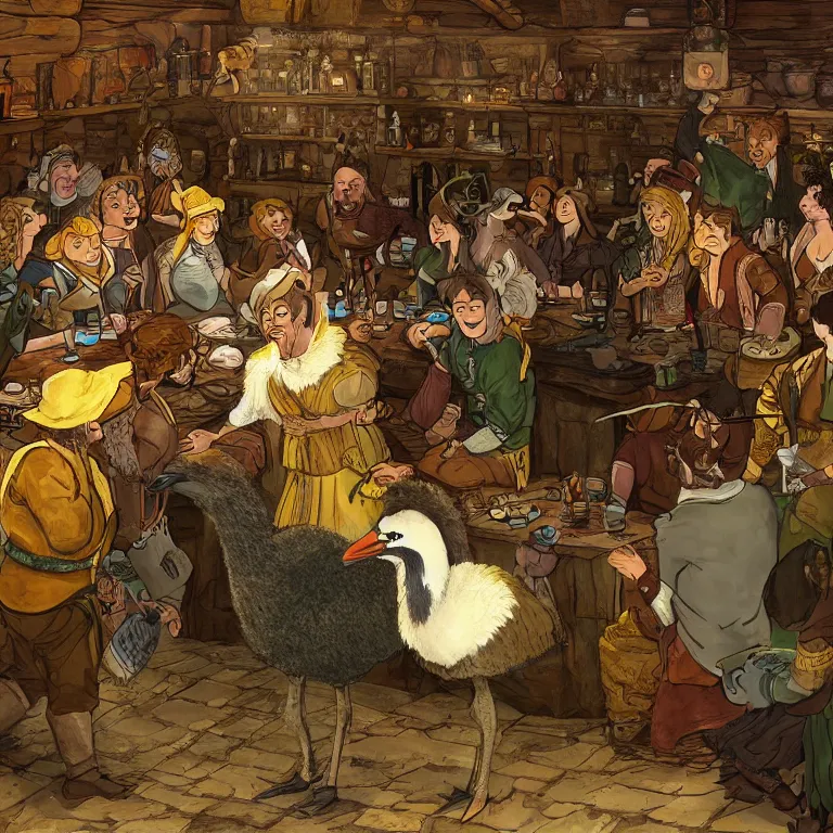 Image similar to an emu in the middle of a crowded halfling tavern, fantasy rpg book illustration