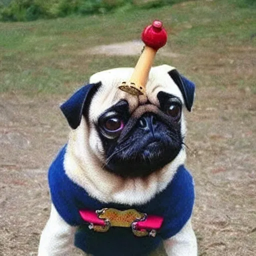 Image similar to pug dressed like dolly parton playing guitar