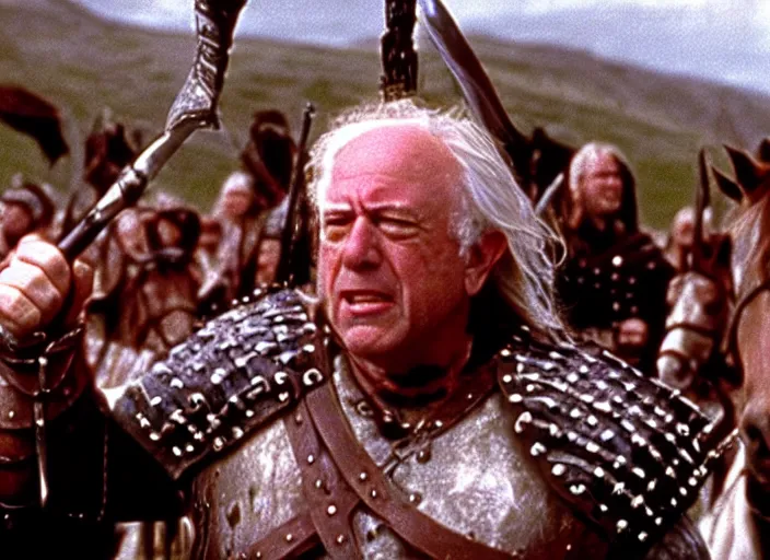 Prompt: film still of bernie sanders as william wallace on horseback with war paint on face in braveheart 1 9 9 5