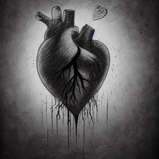 Prompt: drawing of heart riped into pieces, sadness, dark ambiance, concept by godfrey blow, featured on deviantart, sots art, lyco art, artwork, photoillustration, poster art