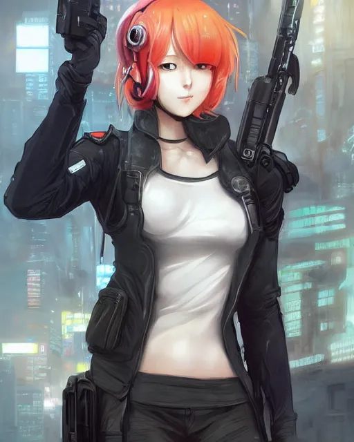 Image similar to nami, anime key visual of a young female swat officer, neon, cyberpunk, futuristic, white clothing, black vest, swat helmet, stunning, highly detailed, digital painting, smooth, soft focus, illustration, 4 k digital art from artstation by artgerm and greg rutkowski and alphonse mucha