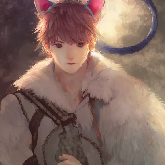 Image similar to character portrait of boy with cat ears and tail resting, color page, tankoban, 4 k, tone mapping, fantasy painting, akihiko yoshida, james jean, andrei riabovitchev, marc simonetti, yoshitaka amano, fluffy, curly, very very very very very very very very very beautiful.