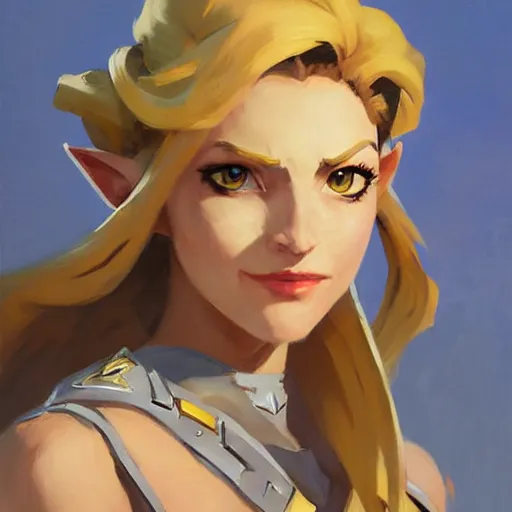 Image similar to greg manchess portrait painting of zelda as overwatch character, medium shot, asymmetrical, profile picture, organic painting, sunny day, matte painting, bold shapes, hard edges, street art, trending on artstation, by huang guangjian and gil elvgren and sachin teng