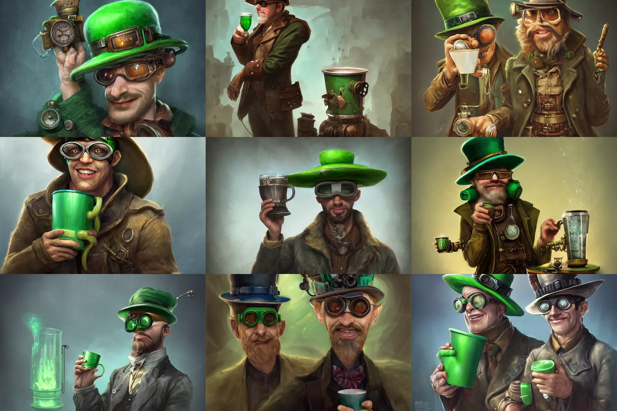 Prompt: a man with a green hat and goggles holding a cup, a character portrait by michael komarck, featured on cgsociety, fantasy art, behance hd, steampunk, 2 d game art