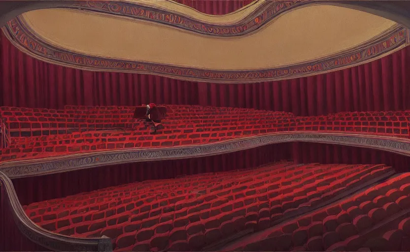 Image similar to Inside a Opera house, very coherent, painted by Edward Hopper, Wayne Barlowe, painted by James Gilleard, airbrush, art by JamesJean